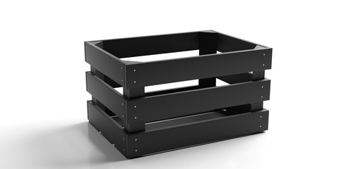 Crate, empty black wooden box isolated against white background. 3d illustration