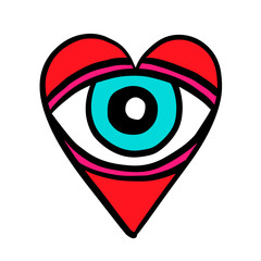 Eye in heart hand drawn vector logo in cartoon comic style illustration for prints posters psychedelic