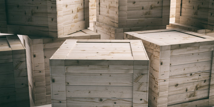 Crates, closed wooden boxes background. 3d illustration