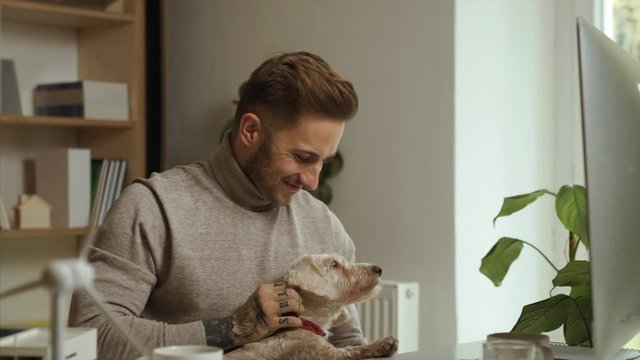 Young businessman sitting at the desk with dog indoors in office.