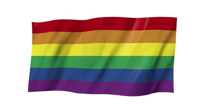 The rainbow flag in 3d, waving in the wind, on white background.