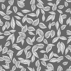 Simple leaf seamless pattern on black background. Abstract foliage wallpaper.