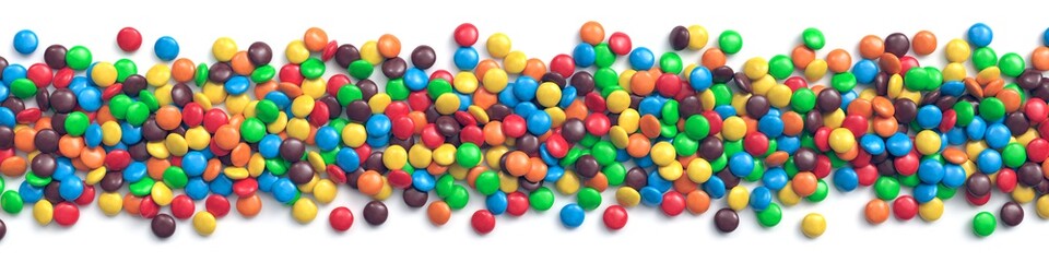 Fototapeta na wymiar Wide border of colorful coated chocolate candies on white background