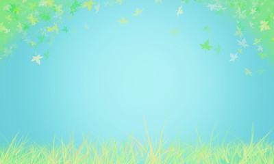 Naklejka na ściany i meble Delicate background in light blue and green colors with grass and flying maple leaves. Banner and website
