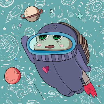 Funny character in a suit flies in outer space, Cartoon vector illustration for children.