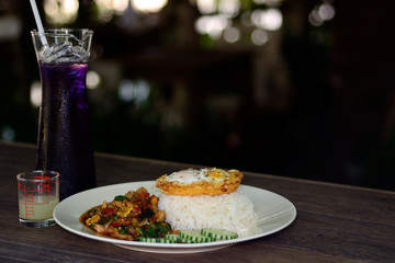 Basil Fried Rice with Chicken and Fried Egg Thai food
