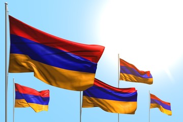 wonderful 5 flags of Armenia are wave on blue sky background - any celebration flag 3d illustration..