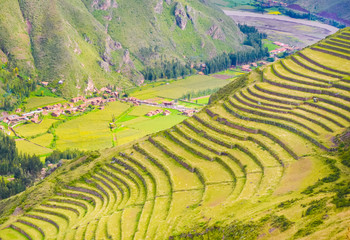 Beautifully shaped farming terraces on the hill near Pisac town in Peru