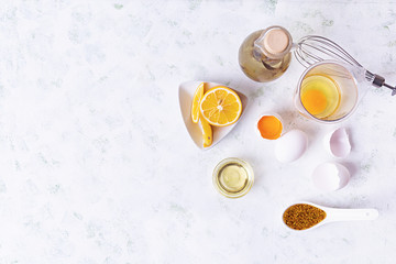 Ingredients for mayonnaise. Delicious homemade mayonnaise with ingredients for sauce. Healthy homemade food. Top view