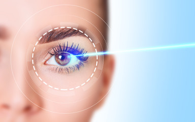 Beautiful female eye with blue laser ray. Vision correction surgery.