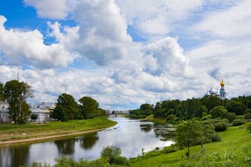 View of river and domes of church and bell tower in Vologda Kremlin. Russia