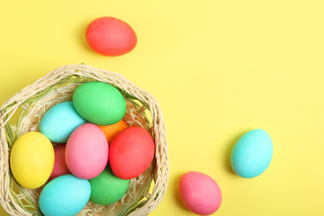 Easter eggs on the table top view. Easter composition with a place to insert text.