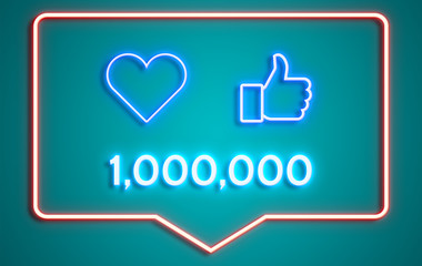social media concept banner with number of one million interactions in your account. all with neon lights effects