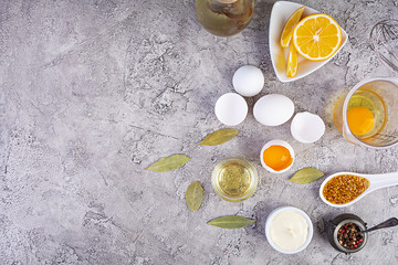 Ingredients for mayonnaise. Delicious homemade mayonnaise with ingredients for sauce. Healthy homemade food. Top view