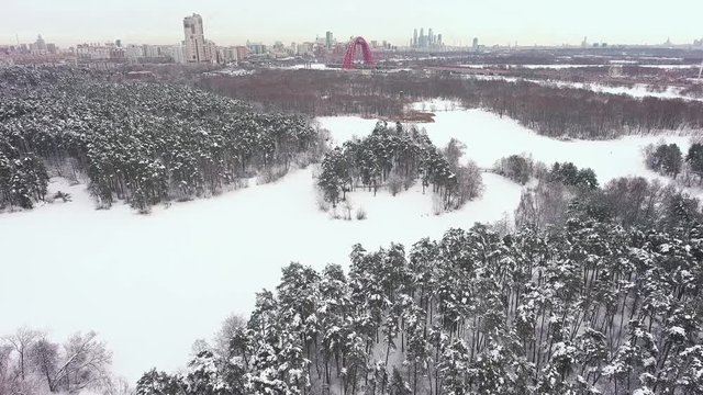 Serebryany Bor and Zhivopisniy bridge at winter, Moscow, Russia. Aerial