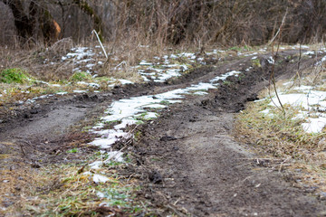 mud spring road, a rural mud road in the spring season.