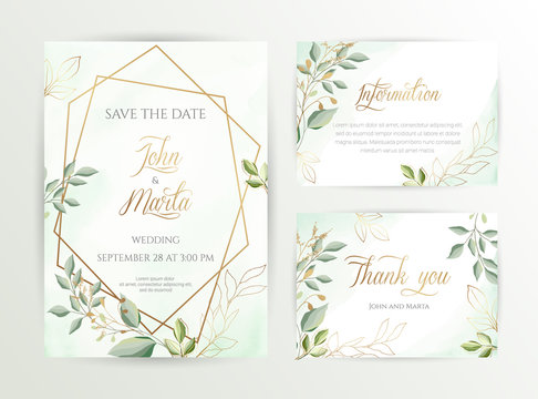 Watercolor wedding set. Set of card with leaves and golden geometric frame. Design with forest green leaves, eucalyptus, fern. Floral Trendy templates for banner, flyer, poster, greeting. eps10