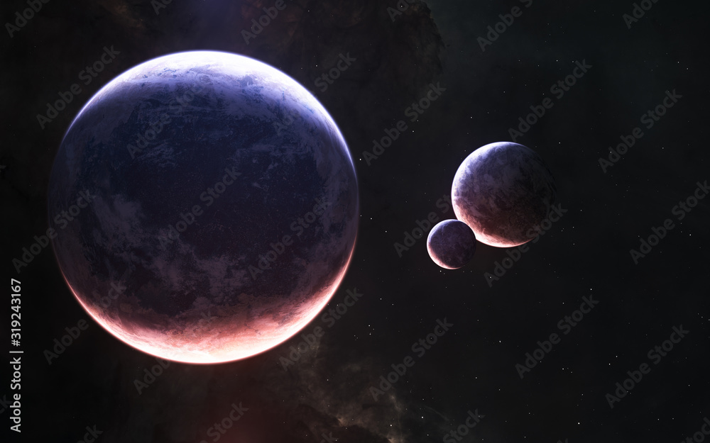 Wall mural planets of deep space in light of red and blue stars. science fiction. elements of this image furnis