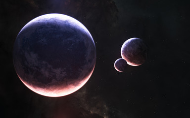 Planets of deep space in light of red and blue stars. Science fiction. Elements of this image...