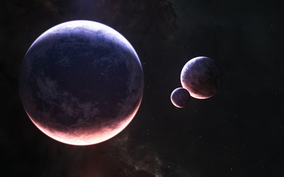 Planets of deep space in light of red and blue stars. Science fiction. Elements of this image furnished by NASA