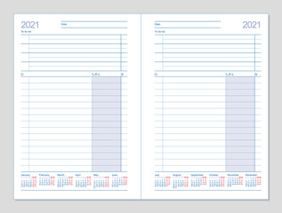 Datebook 2021. Diary 2021. Daily planner 2021. Template design office book to every day, calendar