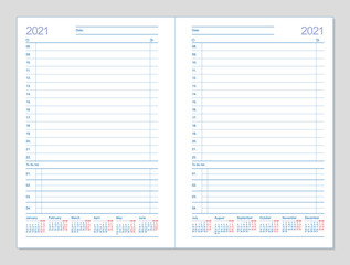 Datebook 2021. Diary 2021. Daily planner 2021. Template design office book to every day, calendar