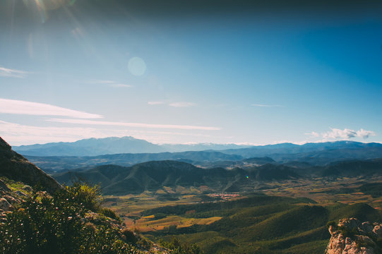 View to the valley from the top of the mountains in Corbiere, , France