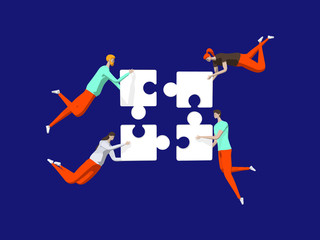 Well-coordinated Teamwork Concept. Characters Connecting Puzzle Pieces. Vector illustration. Business, Creative Solutions, Collaboration and Partnership with People Working Together. 