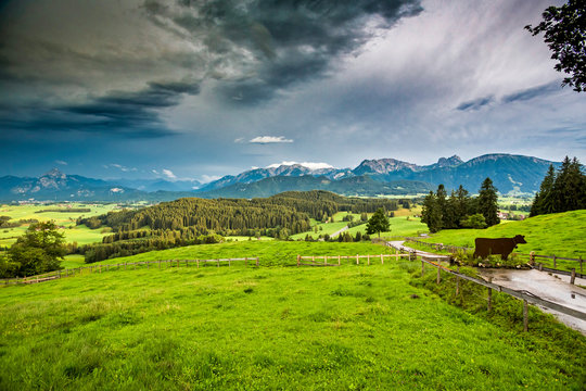 Germany, Bavaria, Allgaeu alps, Eisenberg castle, mountain view to Tegelberg and S&auml;uling