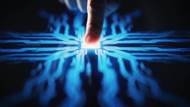 Digitalization Concept: Human Finger Turns on Touch Screen Button and Activates Futuristic Artificial Intelligence. Visualization of Machine Learning, AI, Computer Technology Merge with Humanity 