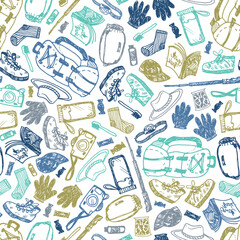 Vector white seamless doodle sketch pattern with objects for trekking and hiking. Suitable for textile, wallpaper and trekking brochures.