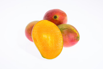 Tasty ripe mangoes; Photo on white background.
