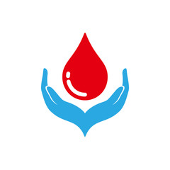 Obraz premium Red blood drop in hand isolated on white background. blood donor volunteer vector design