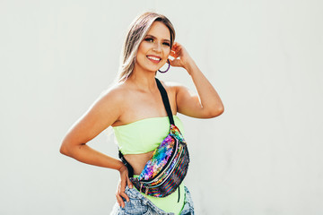 Brazilian Carnival. Young woman dressed for the carnival block, traditional events on the streets...