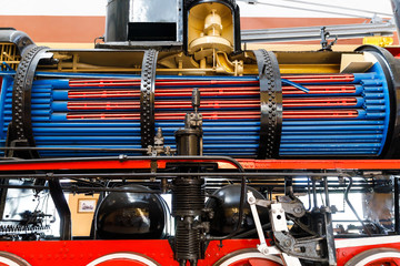 boiler and chimneys in steam train, detail of mechanism a vintage russian steam train locomotive.
