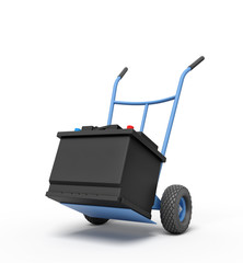 3d rendering of blue hand truck with black accumulator box on top.