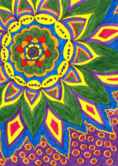 Abstract flower. Doodle style background. Ethnic pattern. Colorful backdrop. Bright Summer template. Hand drawn illustration for poster, art print, greeting card, banner and other graphic design.