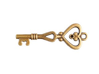 Bronze vintage key with a heart icon isolated on white