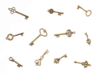 Set of antique keys isolated on white