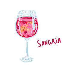 Sangria. Wine glass with red wine and fruit, spanish drink. Vector illustration