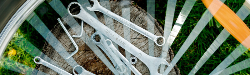 Banner of Bicycle repair. Tools, instrument for repairing bike