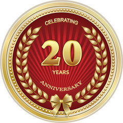20th years anniversary logo template, golden vector design for celebration, invitation or greeting card