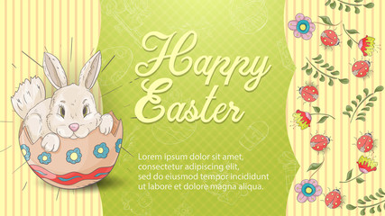 Easter holiday banner illustration with an inscription for greetings in the style of childrens doodles for design design, a rabbit sitting in a painted egg background with flowers
