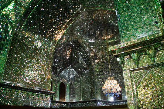 Shiraz, Iran - May 16, 2017: is a funerary monument and mosque in Shiraz, Iran, housing the tomb of the brothers Ahmad and Muhammad. Unusual mosque with many mirrors reflecting green