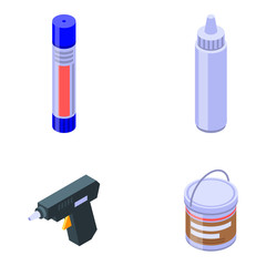 Glue icons set. Isometric set of glue vector icons for web design isolated on white background