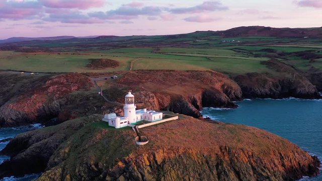 Aerial view of Strumble Head Lighthouse, near Goodwick, Pembrokeshire, Dyfed, Wales, UK