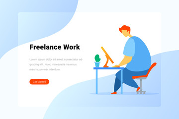 Man sitting and working with Notebook Laptop Computer Flat vector illustration. Freelance Business Landing Page design template