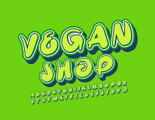 Vector bright logo Vegan Shop. Colorful handwritten Alphabet Letters and Numbers.