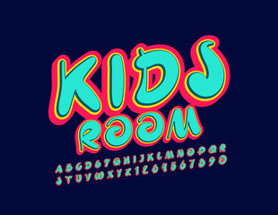 Vector colorful Logo Kids Room. Bright modern Font. Handwritten Alphabet Letters and Numbers.