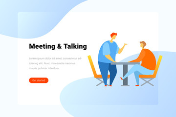 Two Men talking standing and sitting at Table Flat vector illustration. Landing Page design template